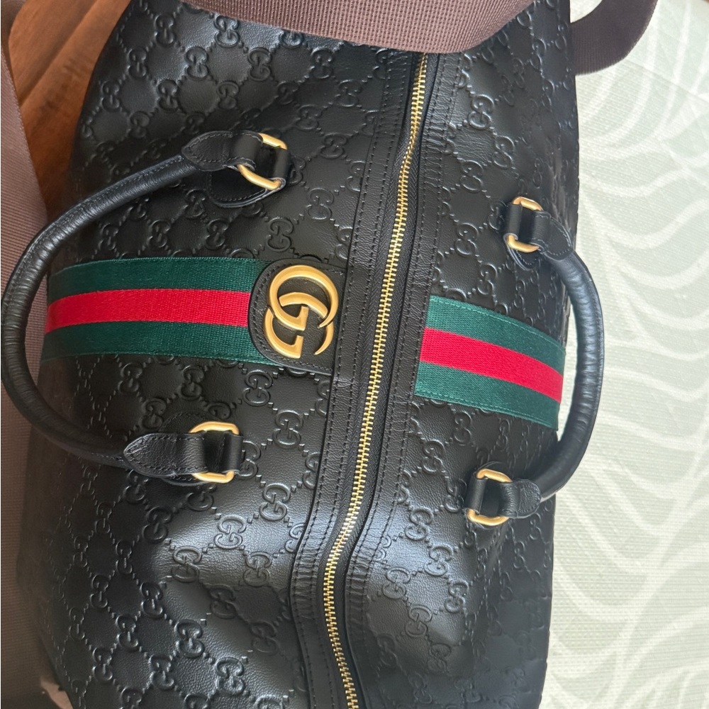 Gucci Black Leather Duffel Bag with Green and Red Stripe